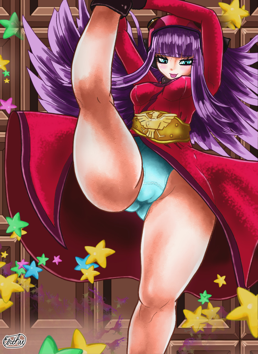 1girl absurdres belt bird_hood blue_eyes blue_panties breasts cameltoe candy chocolate chocolate_bar flexible food highres holding_leg hood hoodie leg_lift leg_up medium_breasts multicolored_hair muu_shuwuu_(megami_tensei) panties pantyshot purple_hair shin_megami_tensei signature star_(symbol) thighs tongue tongue_out two-tone_hair underwear white_hair yoshikisakurai