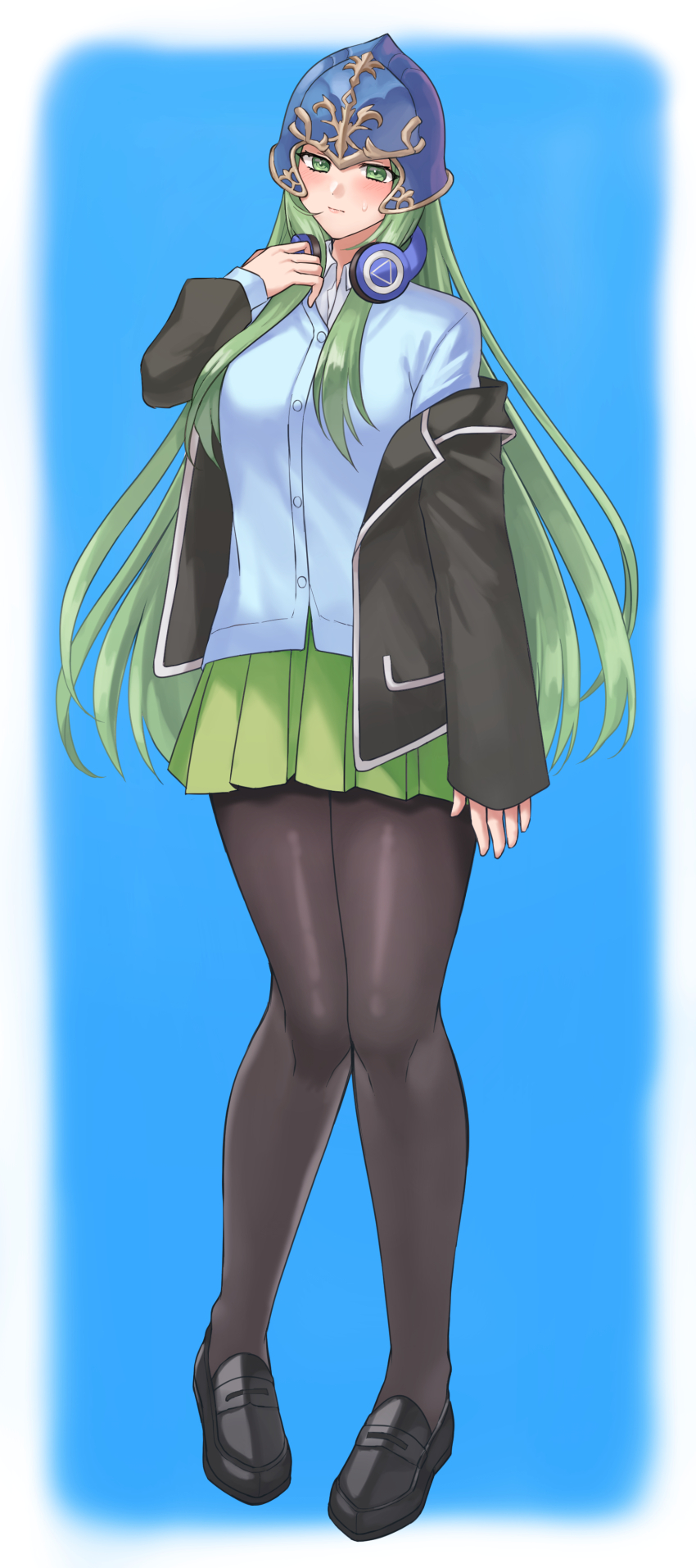 1girl absurdres alternate_costume black_jacket black_pantyhose black_shoes blue_background blue_shirt blush breasts buttons closed_mouth collared_shirt commentary_request commission cosplay crossover fire_emblem fire_emblem:_radiant_dawn full_body go-toubun_no_hanayome green_eyes green_hair green_skirt hazuki_(nyorosuke) headphones headphones_around_neck helmet highres jacket long_hair long_sleeves medium_breasts nakano_miku nakano_miku_(cosplay) nephenee_(fire_emblem) nintendo off_shoulder pantyhose pleated_skirt school_uniform shirt shoes simple_background skeb_commission skirt solo sweatdrop very_long_hair