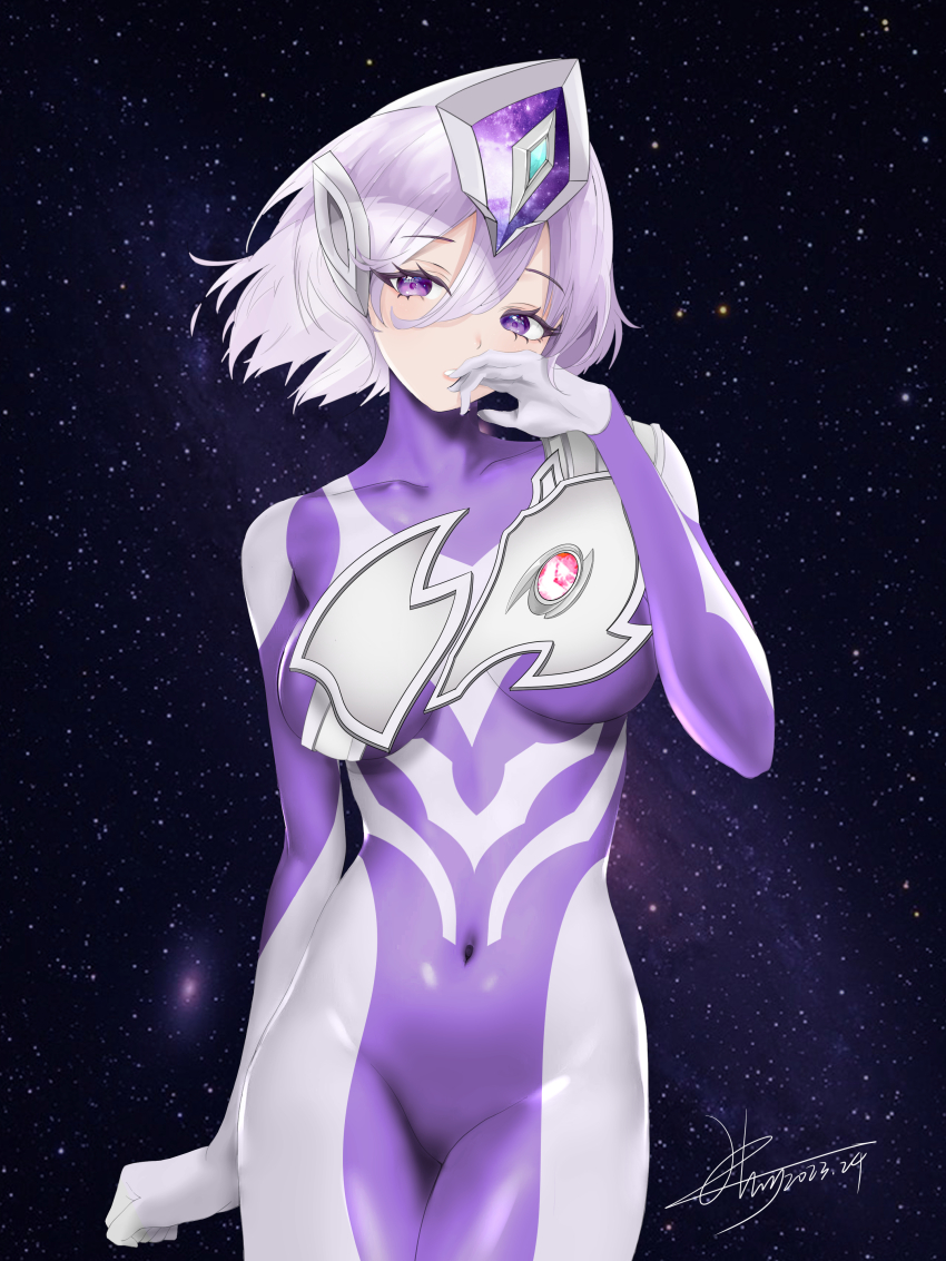 1girl absurdres armor bodysuit breastplate breasts clenched_hand collarbone color_timer commentary commentary_typo covered_navel covering_own_mouth cowboy_shot dated floating_hair forehead_jewel galaxy gloves hair_between_eyes hand_up headgear highres humanization legs_together light_blush lipstick looking_to_the_side makeup medium_breasts multicolored_bodysuit purple_bodysuit purple_eyes purple_hair short_hair signature silver_bodysuit silver_gloves skin_tight sky solo space standing star_(sky) starry_sky tokusatsu ultra_series ultraman_decker_(series) ultraman_dinas yi_(user_jwth4284)