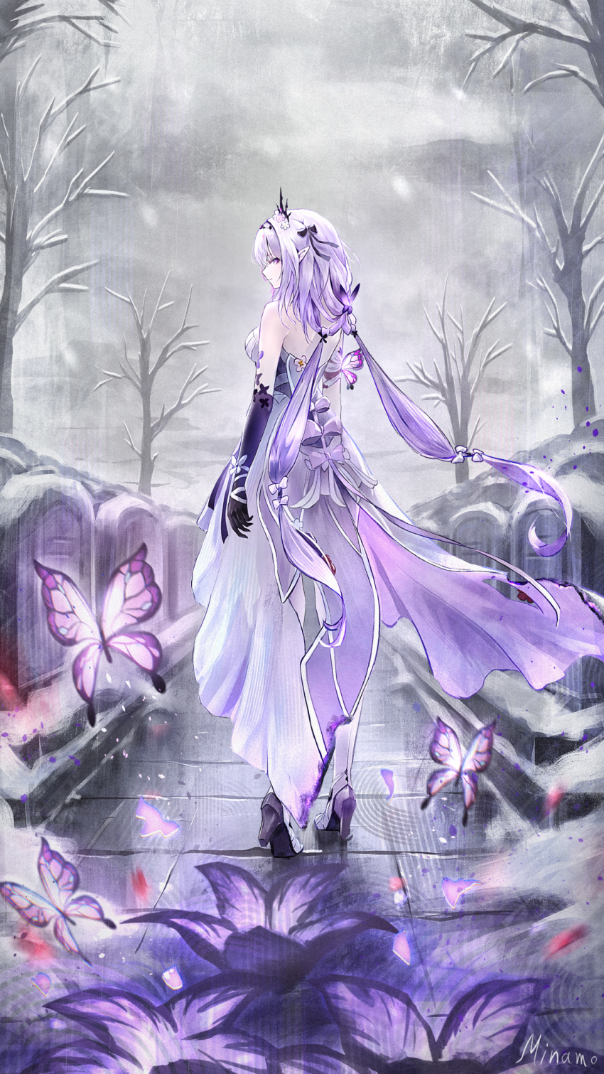 1girl artist_name backless_dress backless_outfit bare_shoulders bare_tree breasts bug butterfly castorice_(honkai:_star_rail) commentary_request dress expressionless flower full_body gloves graveyard grey_sky hair_flower hair_ornament highres honkai:_star_rail honkai_(series) insect long_hair looking_at_viewer looking_back minamo_(edosei_edo) pointy_ears purple_butterfly purple_eyes purple_gloves purple_hair sky solo standing tiara tombstone tree