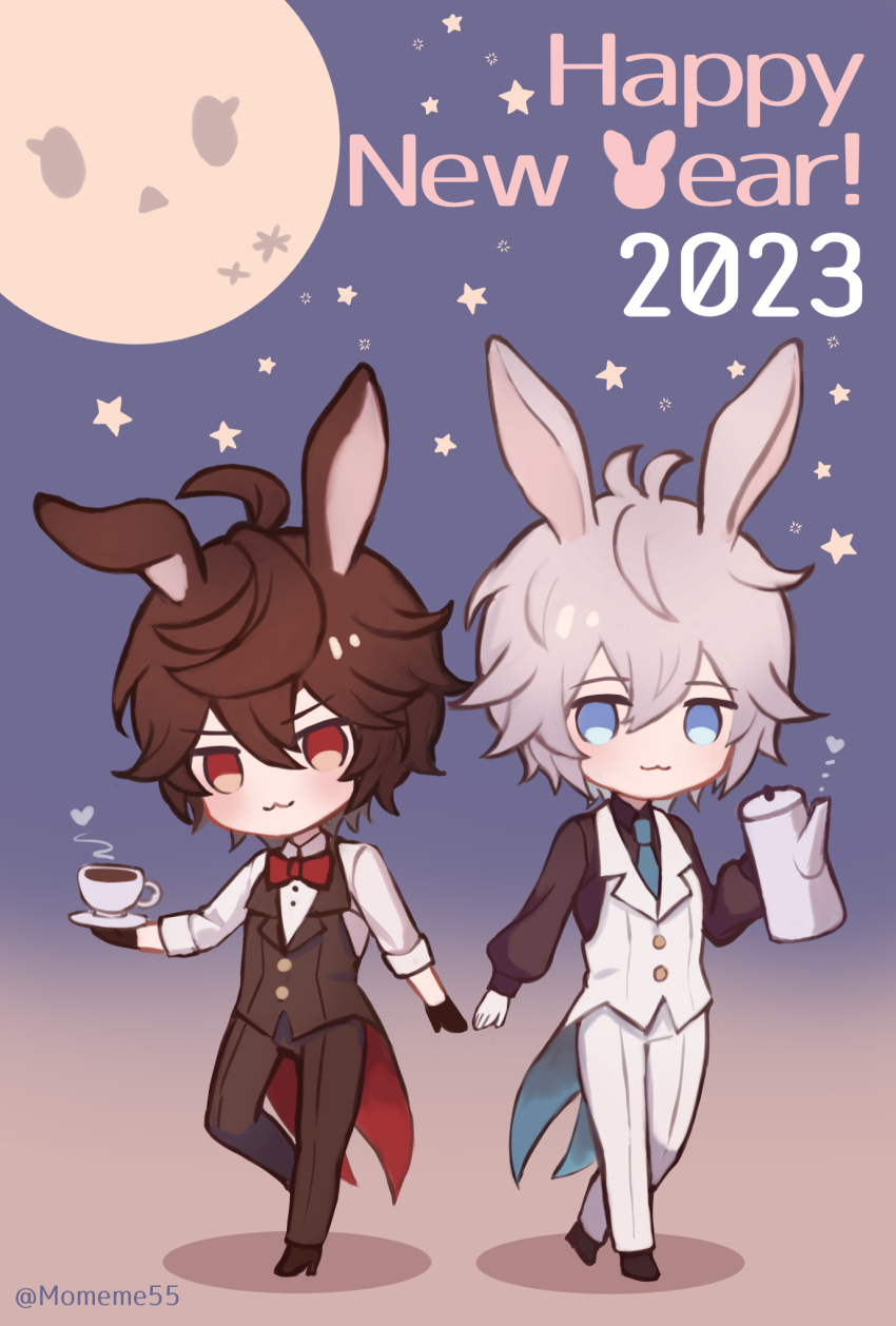 2023 2boys :3 ahoge animal_ears aqua_necktie black_gloves blue_eyes bow bowtie brown_hair chibi chinese_zodiac coattails coffee commentary_request full_moon gloves granblue_fantasy hair_between_eyes happy_new_year highres kemonomimi_mode kettle lucifer_(shingeki_no_bahamut) male_focus male_playboy_bunny messy_hair momeme55 moon multiple_boys necktie new_year panties rabbit_ears red_bow red_bowtie red_eyes sandalphon_(granblue_fantasy) short_hair side-by-side simple_background star_(sky) underwear white_gloves white_hair white_panties year_of_the_rabbit