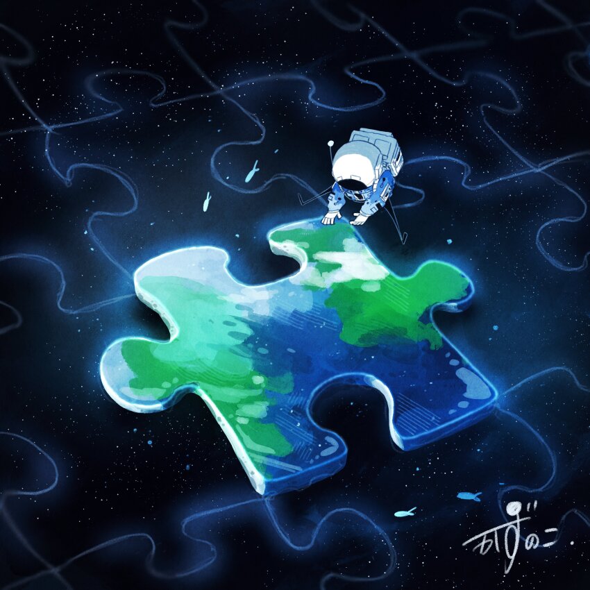 1other absurdres artist_name backpack bag blue_jacket commentary earth_(planet) fish flying_fish gloves helmet highres jacket jigsaw_puzzle kazunoko_(kazunoko_zunoco) leaning_forward original other_focus planet puzzle puzzle_piece radio_antenna signature sitting solo space space_helmet spread_legs star_(sky) white_gloves