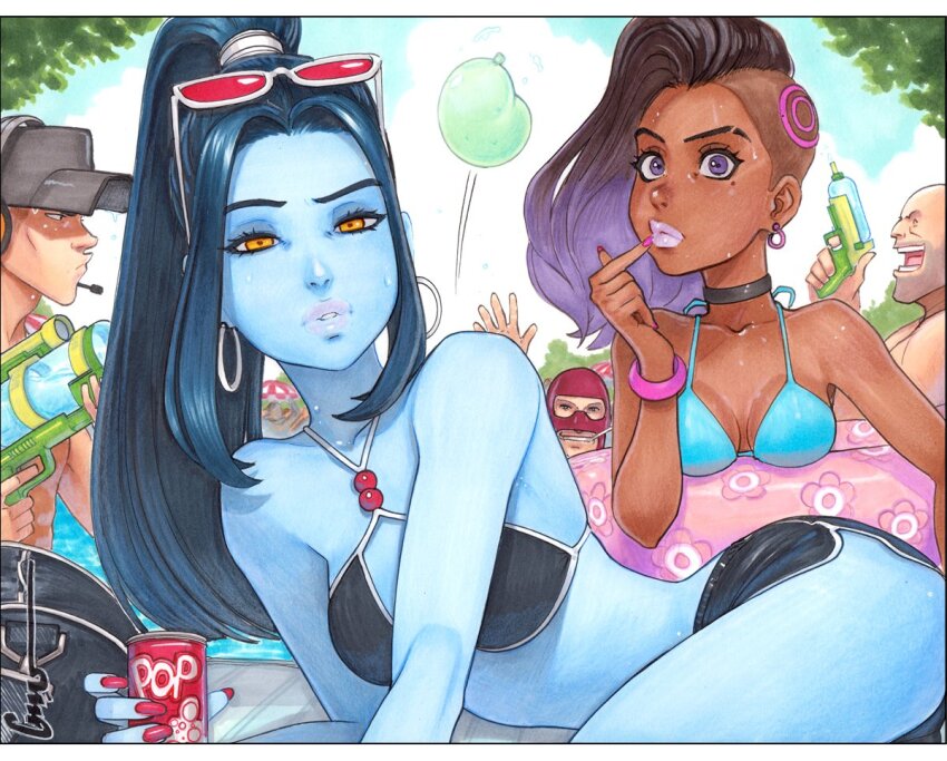 2girls 3boys asymmetrical_hair balaclava baseball_cap bikini bikini_top_only black_choker black_eyeliner black_hair black_hat black_shorts blue_bikini blue_skin breast_rest breasts brown_hair can choker cigarette cloud cloudy_sky colored_skin commentary crossover dark-skinned_female dark_skin dolphin_shorts drink_can earrings english_commentary eyebrow_cut eyeliner eyeshadow eyewear_on_head gradient_hair grey-framed_eyewear halterneck hat headset heavy_(tf2) high_ponytail hoop_earrings innertube jewelry looking_at_viewer lying makeup marker_(medium) medium_breasts mole mole_under_eye multicolored_hair multiple_boys multiple_girls omar_dogan on_side overwatch ponytail pool poolside purple_eyes purple_hair red-tinted_eyewear red_spy_(tf2) scout_(tf2) shorts sidelocks signature sky small_breasts soda_can sombra_(overwatch) spy_(tf2) summer sunglasses swim_ring swimsuit team_fortress_2 thick_lips tinted_eyewear topless_male traditional_media undercut wading water_balloon water_gun waving wet widowmaker_(overwatch)