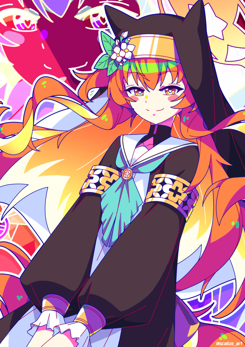 1girl animal_ears black_dress blue_archive blue_neckerchief blush_stickers closed_mouth commentary_request dress flower habit heart heart-shaped_pupils highres long_hair long_sleeves looking_at_viewer mari_(blue_archive) neckerchief orange_eyes orange_hair puffy_long_sleeves puffy_sleeves sailor_collar scalizo solo split_mouth symbol-shaped_pupils twitter_username upper_body v_arms zoom_layer