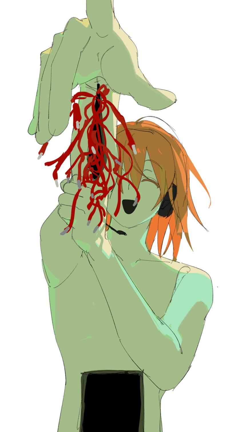 1girl a.i._voice adachi_rei android cable closed_eyes flat_chest foreshortening hair_down headset highres hole_in_stomach injury medium_hair natwjeq no_nipples nude orange_hair outstretched_arm pointing pointing_at_viewer self-harm simple_background smile solo upper_body utau wrist_cutting