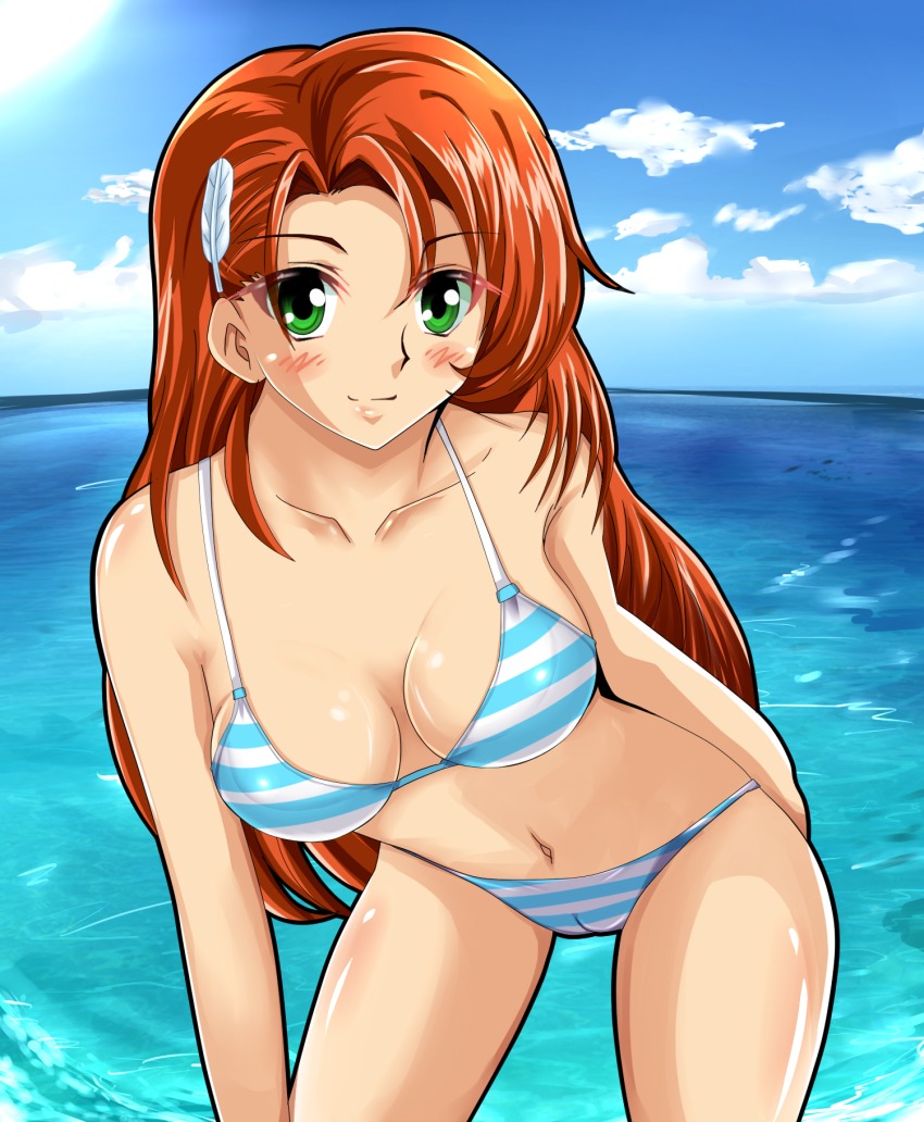 1girl beach bikini blue_sky blush breasts cameltoe cliana_rimskaya collarbone feathers female_focus green_eyes hair_ornament highres long_hair looking_at_viewer ocean orange_hair shiguko sky smile solo striped_bikini striped_clothes super_robot_wars super_robot_wars_destiny super_robot_wars_original_generation swimsuit the_2nd_super_robot_wars_og water