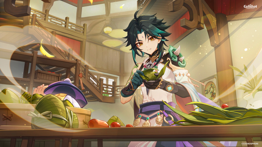 1boy 1girl absurdres ahoge aqua_hair arm_tattoo arm_up asymmetrical_gloves bead_necklace beads black_gloves blue_pants box cape closed_mouth commentary company_name copyright_name detached_sleeves english_commentary eyeliner facial_mark falling_leaves food food_request forehead_mark genshin_impact gloves green_gloves green_hair hands_up hanging_scroll hat highres holding holding_food indoors jewelry leaf light_particles light_rays looking_down makeup mismatched_gloves multicolored_hair necklace official_art ofuda ofuda_on_head pants parted_bangs pelvic_curtain plant purple_cape purple_hat purple_ribbon qingdai_guanmao qiqi_(genshin_impact) railing red_eyeliner ribbon scroll shelf shirt short_hair shoulder_spikes sidelocks single_detached_sleeve sleeveless sleeveless_shirt smile spikes split_mouth standing streaked_hair table tassel tattoo vase vision_(genshin_impact) white_shirt wide_sleeves window wooden_box wooden_railing wooden_table xiao_(genshin_impact) yellow_eyes