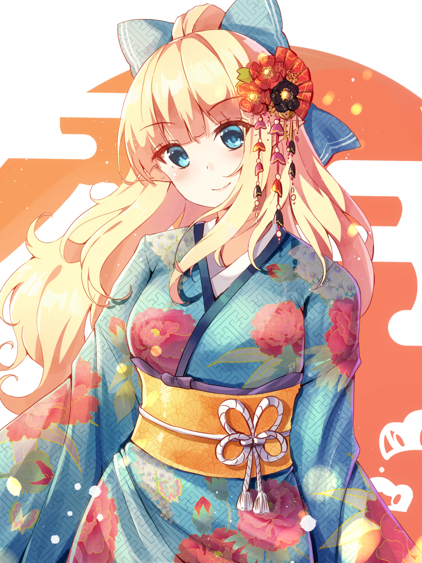 1girl absurdres blonde_hair blue_bow blue_eyes blue_kimono bow breasts closed_mouth egasumi floral_print flower hair_bow hair_bun hair_flower hair_ornament head_tilt highres holmemee japanese_clothes kimono long_hair long_sleeves looking_at_viewer medium_breasts obi princess_connect! print_kimono red_flower saren_(princess_connect!) sash single_hair_bun smile solo very_long_hair