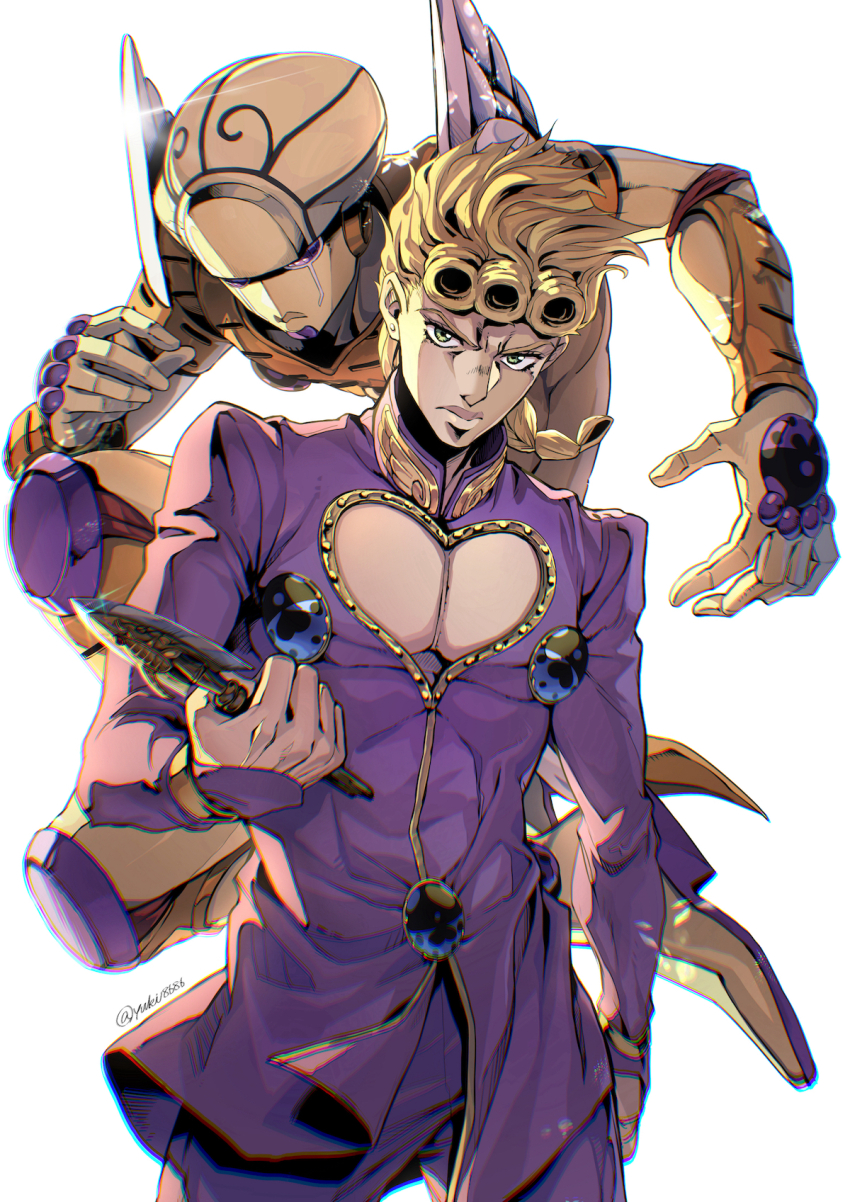 1boy arrow_(jojo) arrow_(projectile) bishounen blonde_hair braid braided_ponytail cleavage_cutout clothing_cutout commentary_request cowboy_shot ear_piercing earrings furrowed_brow giorno_giovanna glint gold gold_experience gold_skin gold_trim green_eyes hair_behind_ear heart_cutout high_collar highres holding holding_arrow jacket jam8686 jewelry jojo_no_kimyou_na_bouken ladybug_ornament long_sleeves looking_at_viewer male_focus medium_hair pants pectoral_cleavage pectorals piercing purple_jacket purple_pants simple_background stand_(jojo) standing stud_earrings twitter_username vento_aureo victory_rolls white_background wing_ornament