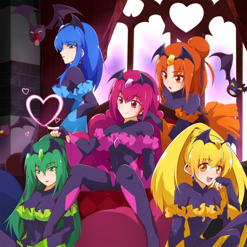 10s 5girls :d ashita_wa_hitsuji bad_end_beauty bad_end_happy bad_end_march bad_end_peace bad_end_precure bad_end_sunny bat_(animal) black_bodysuit blonde_hair blue_eyes blue_hair bodysuit breasts dark_persona earrings green_eyes green_hair heart highres jewelry long_hair medium_breasts multiple_girls open_mouth orange_eyes orange_hair pink_eyes pink_hair precure short_hair sitting smile smile_precure! yellow_eyes
