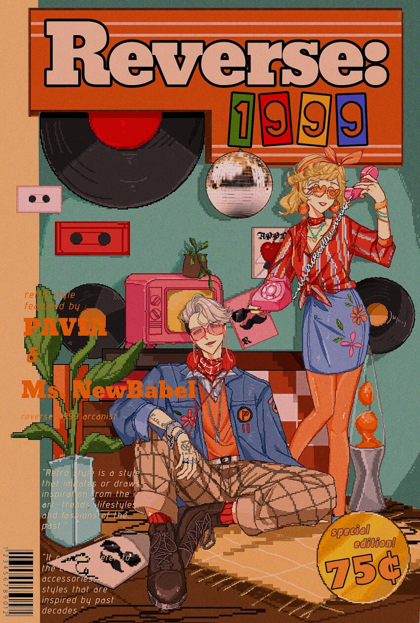 1boy 1girl :d alternate_costume antique_phone aqua_background arm_on_knee arm_tattoo barcode blonde_hair blue_jacket blue_skirt bow bow_hairband bracelet brown_eyes brown_footwear brown_pants character_name copyright_name corded_phone cover crt disco_ball english_text fake_magazine_cover flower_pot full_body grid_print grin hairband hand_tattoo headphones headphones_around_neck heart heart-shaped_eyewear highres holding holding_phone jacket jewelry knee_up looking_at_viewer magazine_cover miniskirt ms._newbabel neckerchief on_ground open_mouth orange-tinted_eyewear orange_bow orange_pantyhose pants pantyhose pavia_(reverse:1999) pencil_skirt phone pink-tinted_eyewear pixel_art plant potted_plant price_tag print_pants red_neckerchief red_shirt red_socks reverse:1999 rotary_phone shirt short_hair sitting skirt smile socks standing striped_clothes striped_shirt sunglasses swept_bangs tattoo television tied_shirt tinted_eyewear vertical-striped_clothes vertical-striped_shirt white_hair white_shirt zzzzzz