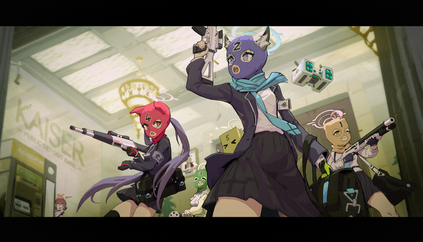 5girls aru_(blue_archive) assault_rifle bag balaclava bank beretta_ar70/90 blue_archive crossover drone duffel_bag english_text fake_screenshot faust_(blue_archive) gameplay_mechanics gatling_gun grand_theft_auto grand_theft_auto_v gun halo heads-up_display health_bar hifumi_(blue_archive) highres holding holding_gun holding_weapon hoshino_(blue_archive) i_want_you letterboxed luoxuan_dazhuang_ji mask minigun minimap multiple_girls nonomi_(blue_archive) paper_bag pointing pointing_at_viewer poster_(medium) rifle robbery scarf school_uniform serika_(blue_archive) shiroko_(blue_archive) shotgun sig_sauer_556 uncle_sam user_interface weapon