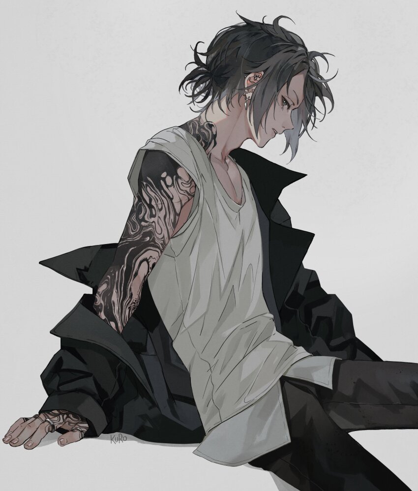 1boy absurdres arm_support arm_tattoo black_eyes black_hair black_jacket black_pants collarbone commentary ear_piercing earrings english_commentary grey_background hair_bun highres jacket jewelry kamui_(kurohshiro1) looking_at_viewer male_focus multiple_piercings multiple_rings neck_tattoo off_shoulder open_clothes open_jacket original pants parted_lips piercing profile ring shirt short_hair shoulder_tattoo sidelocks sideways_glance simple_background single_hair_bun sitting sleeveless sleeveless_shirt solo tank_top tattoo white_shirt white_tank_top