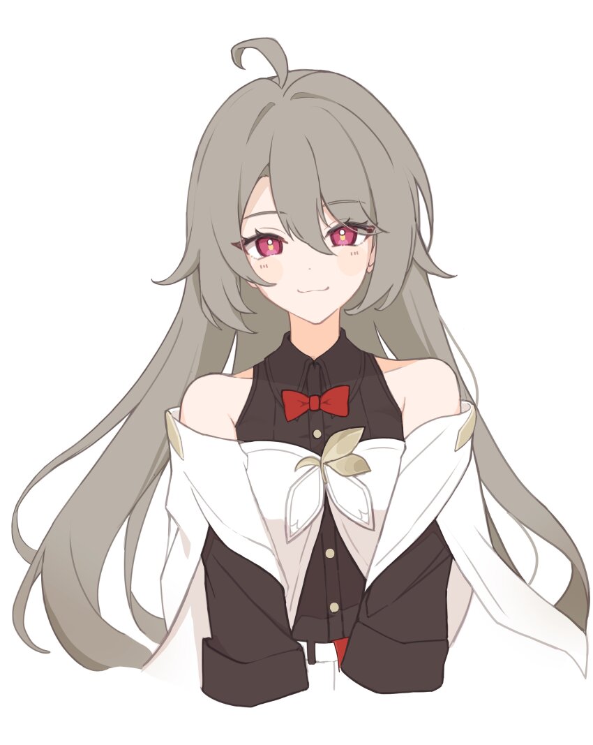 1girl :3 absurdres ahoge bare_shoulders blush buttons collared_shirt grey_hair hair_between_eyes highres honkai_(series) honkai_impact_3rd light_smile long_hair long_sleeves no_hands official_alternate_costume portrait red_eyes ribbon sazisazi50 shirt sidelocks solo vita_(honkai_impact) vita_(kfc)_(honkai_impact) white_background