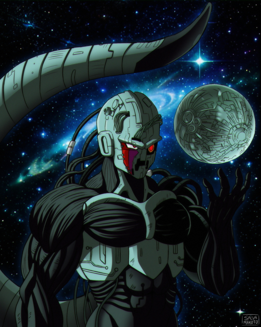 1boy absurdres big_gete_star cable commentary_request commission cooler_(dragon_ball) cyborg dragon_ball dragonball_z galaxy highres male_focus meta-cooler muscular muscular_male salvamakoto signature solo space spanish_commentary tail upper_body
