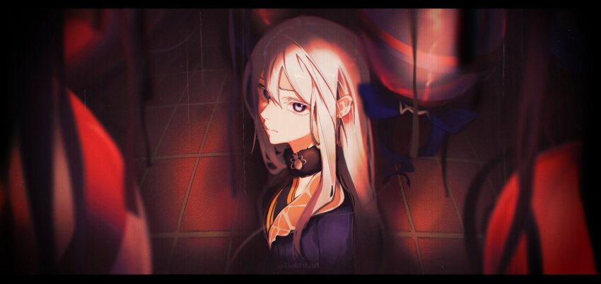 1girl absurdres balloon black_shirt blue_eyes blue_jacket breasts butterfly_ornament closed_mouth colored_lapels dna double_helix earrings from_side fur_collar hair_between_eyes hakukari hashtag-only_commentary highres jacket jewelry lapels long_hair long_sidelocks looking_at_viewer looking_to_the_side nose official_alternate_costume project_sekai ribbon shirt sidelocks sleeveless sleeveless_shirt small_breasts solo tile_floor tiles twitter_username unreliable_notes_(project_sekai) upper_body very_long_hair white_hair yoisaki_kanade