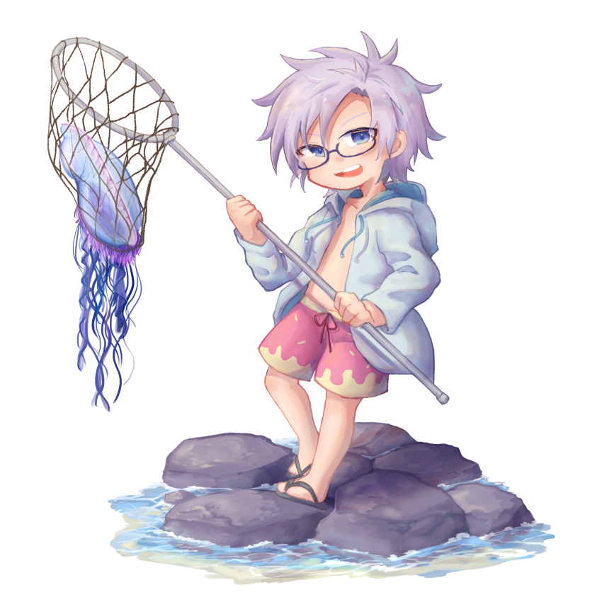 1boy alternate_costume black_sandals blue_jacket butterfly_net commentary_request drawstring glasses grey_hair hand_net highres holding holding_butterfly_net hood hood_down hooded_jacket jacket jellyfish kanou_aogu long_sleeves male_focus male_swimwear no_shirt open_clothes open_jacket open_mouth pink_male_swimwear saibou_shinkyoku sandals semi-rimless_eyewear short_hair smile solo swim_trunks teeth upper_teeth_only wakasoba