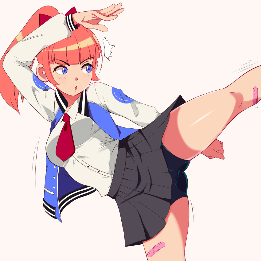 1girl :o bandaid bandaid_on_leg blue_eyes blush bow breasts gluteal_fold jacket kicking kunio-kun_series kyoko_(kunio-kun) long_hair long_sleeves necktie open_clothes open_jacket orange_hair ponytail red_bow river_city_girls school_uniform shorts shorts_under_skirt sombra222 standing standing_on_one_leg