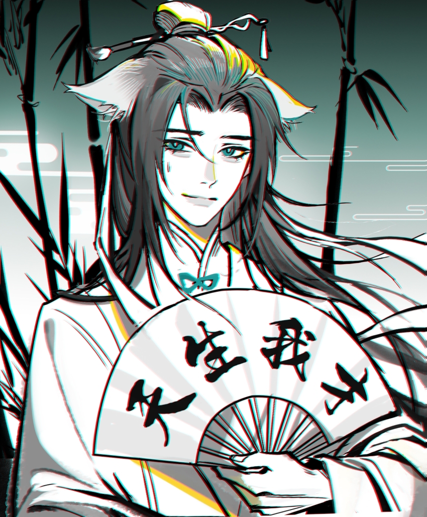 1boy animal_ears artist_request bamboo bishounen black_hair chinese_clothes chinese_commentary chromatic_aberration commission dao_gui_yi_xian folding_fan fox_boy fox_ears gradient_background green_background green_eyes green_theme grey_background hair_bun hair_ornament hair_ribbon hand_fan hand_fan_writing hanfu highres holding holding_fan kemonomimi_mode limited_palette long_hair long_sleeves looking_at_viewer male_focus pen_in_hair ribbon second-party_source single_hair_bun smile solo spot_color sweatdrop upper_body white_hanfu white_ribbon zhuge_yuan