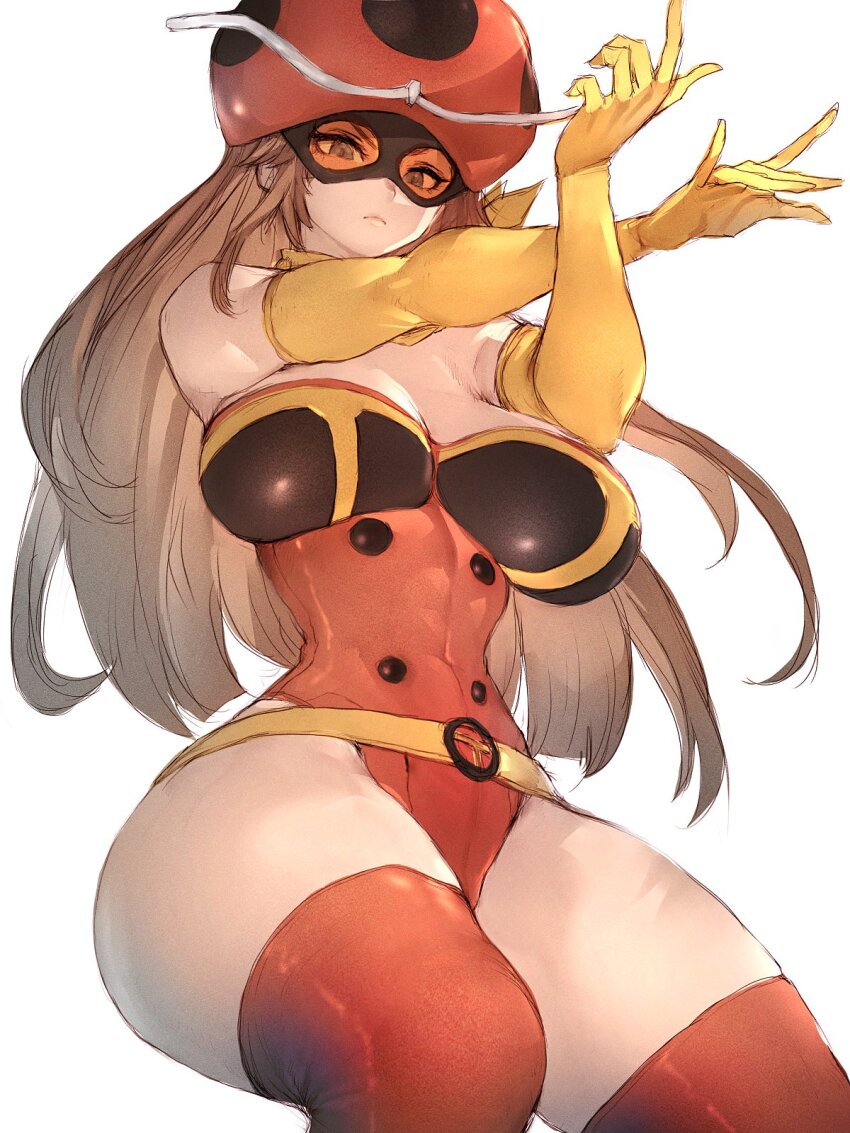 1girl bare_shoulders belt breasts brown_hair buttons elbow_gloves electro_wave_human_tackle female_focus fumio_(rsqkr) gloves helmet highres large_breasts long_hair mask okada_yuriko orange-tinted_eyewear red_thighhighs scarf simple_background thighhighs thighs tinted_eyewear toujima_tanzaburou_wa_kamen_rider_ni_naritai white_background