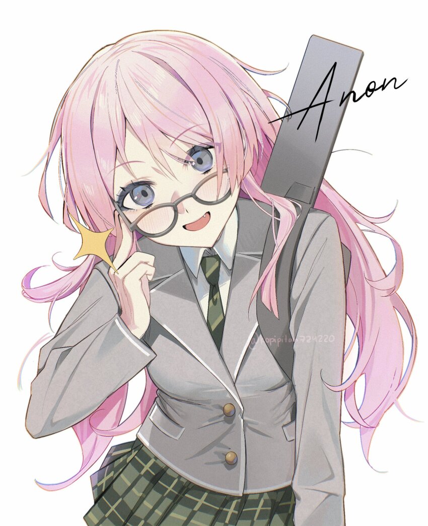 1girl adjusting_eyewear bang_dream! bang_dream!_it&#039;s_mygo!!!!! blush character_signature chihaya_anon commentary diagonal-striped_clothes diagonal-striped_necktie fang green_necktie green_skirt grey_eyes grey_jacket guitar_case haneoka_school_uniform highres instrument_case instrument_on_back jacket kopipitan724220 long_hair long_sleeves looking_at_viewer necktie open_mouth pink_hair plaid_clothes plaid_skirt pleated_skirt school_uniform simple_background skirt solo sparkle striped_clothes symbol-only_commentary twitter_username white_background