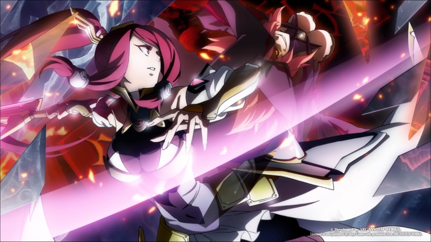 2girls battle black_sclera blazblue blazblue:_central_fiction bodysuit breasts cleavage colored_sclera energy_sword evil_smile hat highres impossible_bodysuit impossible_clothes izayoi_(blazblue) konoe_a._mercury large_breasts long_hair multiple_girls official_art pink_hair ponytail red_eyes red_hair smile sword tagme third-party_source weapon witch_hat yellow_eyes