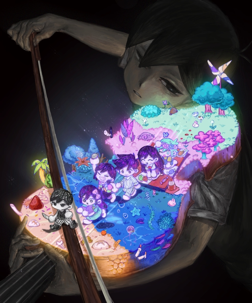 +_+ 2girls 5boys ^_^ air_bubble apple arm_up aubrey_(headspace)_(omori) aubrey_(omori) ball basil_(headspace)_(omori) basil_(omori) beachball black_eyes black_footwear black_hair black_tank_top blue_dress blue_overalls bone bow bow_(music) bubble candy checkered_blanket chicken_(food) closed_eyes closed_mouth collared_shirt colored_skin delim_huihe desert dress floating flower food forest forest_bunny_(omori) fruit grass green_apple green_eyes green_hair hair_bow hand_on_own_head hands_on_own_knees head_tilt head_wreath hector_(omori) hero_(headspace)_(omori) hero_(omori) highres holding holding_ball holding_bow_(music) holding_instrument holding_knife holding_rock holding_stuffed_toy holding_violin icing instrument jellyfish kel_(headspace)_(omori) kel_(omori) kneeling knife light_particles long_hair long_sleeves looking_at_object mari_(headspace)_(omori) mari_(omori) mini_person miniboy minigirl multiple_boys multiple_girls music nature no_mouth no_sclera omori omori_(omori) one_eye_closed overalls pajamas palm_tree parted_lips pinwheel playing_instrument rabbit apple rock seafloor seaweed seiza shirt short_hair short_sleeves shorts sidelocks silk sitting size_difference smile spider_web sprinkles sprout_mole starfish strawberry striped_clothes striped_shorts stuffed_eggplant stuffed_toy sunny_(omori) sweatdrop tank_top traffic_cone tree v-shaped_eyebrows vertical-striped_clothes vertical-striped_shorts violin walking watermelon white_skin worm wormhole wrapped_candy yellow_shirt
