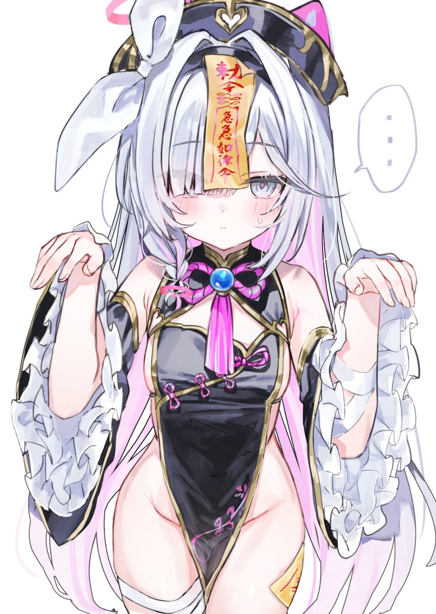 ... 1girl absurdres alternate_costume armpit_crease bandage_on_thigh bandaged_arm bandaged_leg bandages bare_hips bare_shoulders black_dress black_hairband black_hat black_sleeves blue_archive blush bow braid breasts china_dress chinese_clothes closed_mouth clothes_between_thighs clothing_cutout colored_inner_hair covered_groin covered_navel cowboy_shot detached_sleeves dot_nose dress expressionless eyes_visible_through_hair fingernails flipped_bangs frilled_sleeves frills ghost_pose grey_eyes groin hair_between_eyes hair_bow hair_intakes hair_over_one_eye hairband halo hands_up hat heart_cutout highres jiangshi_costume loli long_bangs long_hair looking_at_viewer mandarin_collar microdress multicolored_hair no_panties ofuda ofuda_on_head ofuda_on_leg one_eye_covered outstretched_arms pankou pelvic_curtain petite pink_hair pink_halo pink_pupils plana_(blue_archive) qingdai_guanmao red_pupils revealing_clothes ring_hair_ornament shouu-kun side_braid sideboob sideless_dress sideless_outfit simple_background small_breasts solo spoken_ellipsis standing straight-on sweatdrop talisman tassel thighs two-tone_hair very_long_hair white_background white_bow white_hair wide_sleeves zombie_pose