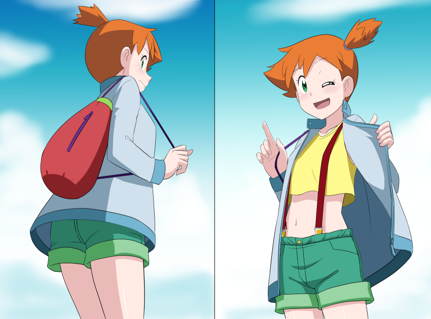 1girl armpits ass asymmetrical_hair blush breasts cowboy_shot denim denim_shorts gen_1_pokemon green_eyes green_shorts highres jacket kakkii legs looking_at_another looking_at_viewer medium_breasts misty_(pokemon) multiple_views navel nintendo orange_hair pokemon pokemon_(anime) pokemon_journeys pokemon_swsh140 ponytail shirt short_shorts shorts side_ponytail smile suspenders sweat sweatdrop takaya_n tank_top thighs upper_body yellow_shirt yellow_tank_top