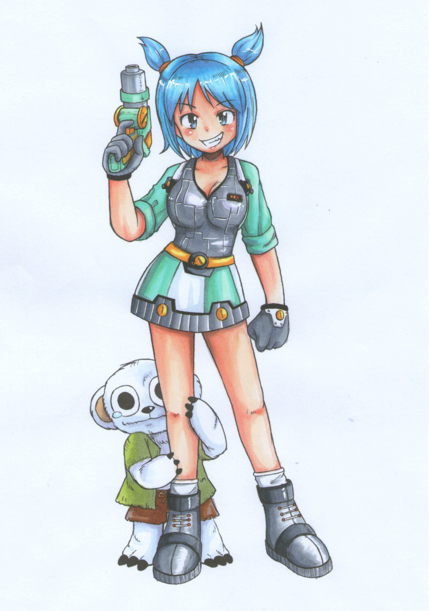 1girl 1other absurdres bear blue_eyes blue_hair breasts cleavage full_body fur gloves grey_gloves gun handgun highres holding holding_weapon jet_force_gemini looking_at_viewer medium_breasts sakutatsu shirt shoes short_hair simple_background skirt smile solo_focus standing tribal_(jet_force_gemini) twintails vela_(jet_force_gemini) weapon white_background