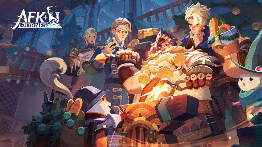 2girls 4boys :d ^_^ afk_(series) afk_journey aiguillette anvil apple aqua_hat aqua_scarf arm_up backpack_basket baguette basket beard bell belt belt_buckle black_eyes black_nails blacksmith_tongs blonde_hair blue_coat blue_eyes blue_scarf blue_shirt blush bottle box braid braided_beard bread brown_belt brown_gloves brown_pants buckle chest_harness chippy_(afk) christmas_tree closed_eyes closed_mouth coat commentary copyright_name corked_bottle corset cup dwarf earrings english_commentary eyepatch facial_hair facial_tattoo fingerless_gloves fingernails food fruit garland_(decoration) gift gift_box gloves grey_corset grey_hair grin hammer hammie_(afk) hand_on_own_chin happy harness hat helmet highres holding holding_basket holding_cup holding_hammer holding_tongs hugin_(afk) indoors jewelry lips long_beard long_hair long_sleeves looking_at_another merlin_(afk) monocle multiple_boys multiple_girls mustache nail_polish night o-ring o-ring_harness official_art one_eye_covered open_mouth pants parted_bangs pink_gloves plume railing red_eyes red_gloves red_scarf ring scar scar_across_eye scar_on_face scar_on_nose scarf shirt short_hair sinbad_(afk) smile sonja_(afk) stairs stairwell star_(symbol) tankard tattoo teeth tongs tree upper_teeth_only visor_lift white_hair white_shirt window wine_bottle witch_hat wooden_railing