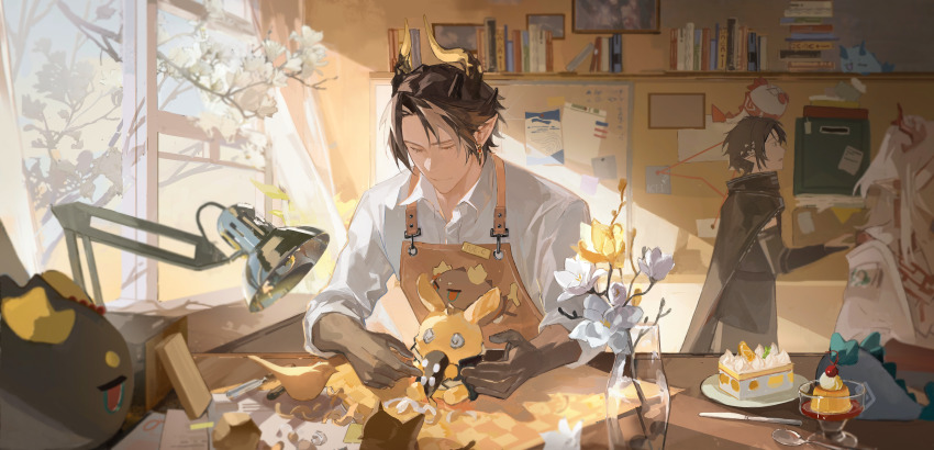 1girl 2boys absurdres annotated apron arknights black_hair black_horns book brown_apron brown_hair cake cake_slice cherry chongyue_(arknights) closed_eyes closed_mouth collared_shirt colored_extremities crafting cream day desk_lamp dragon_bubble_(arknights) dusk_(arknights) earrings flower food fruit grey_hair hair_intakes highres horns indoors jewelry knife lamp ling_(arknights) magnolia multicolored_hair multiple_boys nian_(arknights) paper plant plate pointy_ears potted_plant pudding shelf shirt sleeves_rolled_up somnolence_(hranxy) streaked_hair sunlight vase white_flower white_shirt window wood_carving_tool working workshop yellow_flower yellow_horns zuo_le_(arknights)