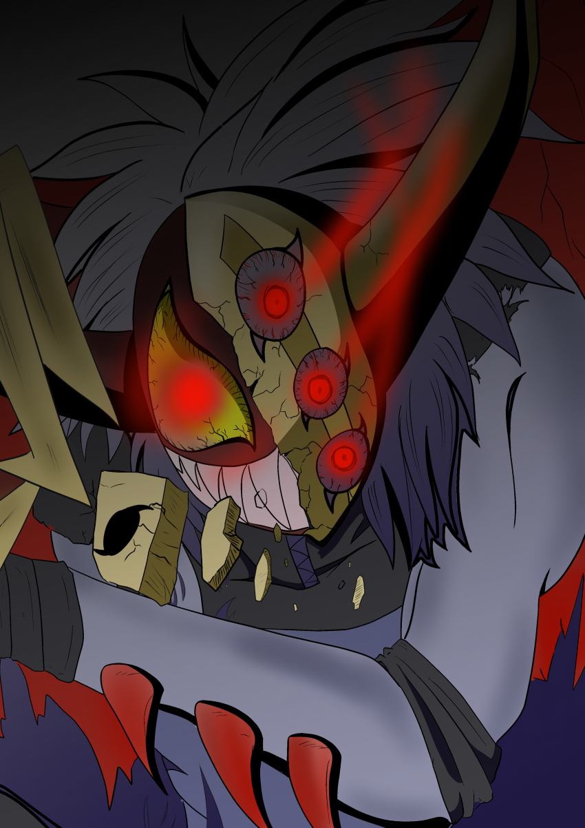 1boy absurdres artist_request broken_mask claws crazy_eyes crazy_smile demon_wings digimon digimon_(creature) donedevimon evil_smile evolution glowing glowing_eyes grin highres horned_mask horns long_hair looking_at_viewer mask muscular neodevimon pectorals red_wings shaded_face sharp_teeth smile teeth transformation white_hair wings