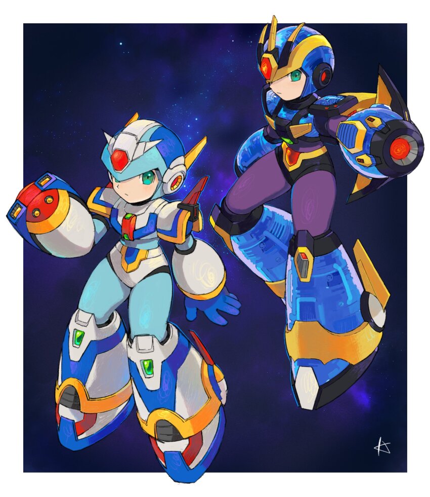 1boy aiming arm_cannon armor boots forehead_jewel fourth_armor_x_(mega_man) green_eyes highres karen_(karenoni1031) mechanical_boots mega_man_(series) mega_man_x4 mega_man_x5 mega_man_x_(series) night shoulder_armor ultimate_armor_x_(mega_man) weapon x_(mega_man)