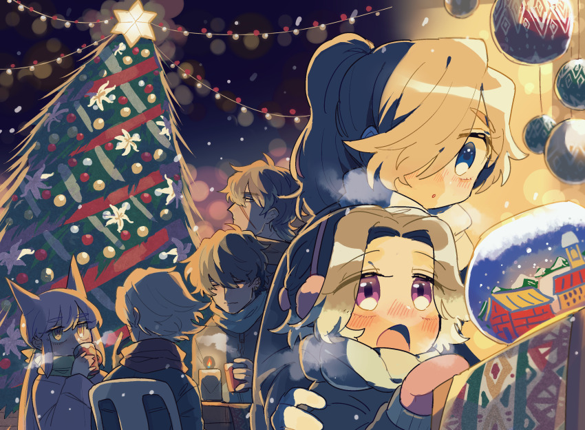 :d absurdres brown_hair candle chair christmas coat crobat cup drinking earmuffs flower gen_2_pokemon gen_4_pokemon gotoroku_(pkg) hair_over_one_eye hand_on_another&#039;s_shoulder highres light_brown_hair long_sleeves lumineon mittens mug night nintendo open_mouth ornament outdoors pokemon ponytail purple_eyes scar scar_on_face scarf short_hair sitting skuntank smile snow_globe