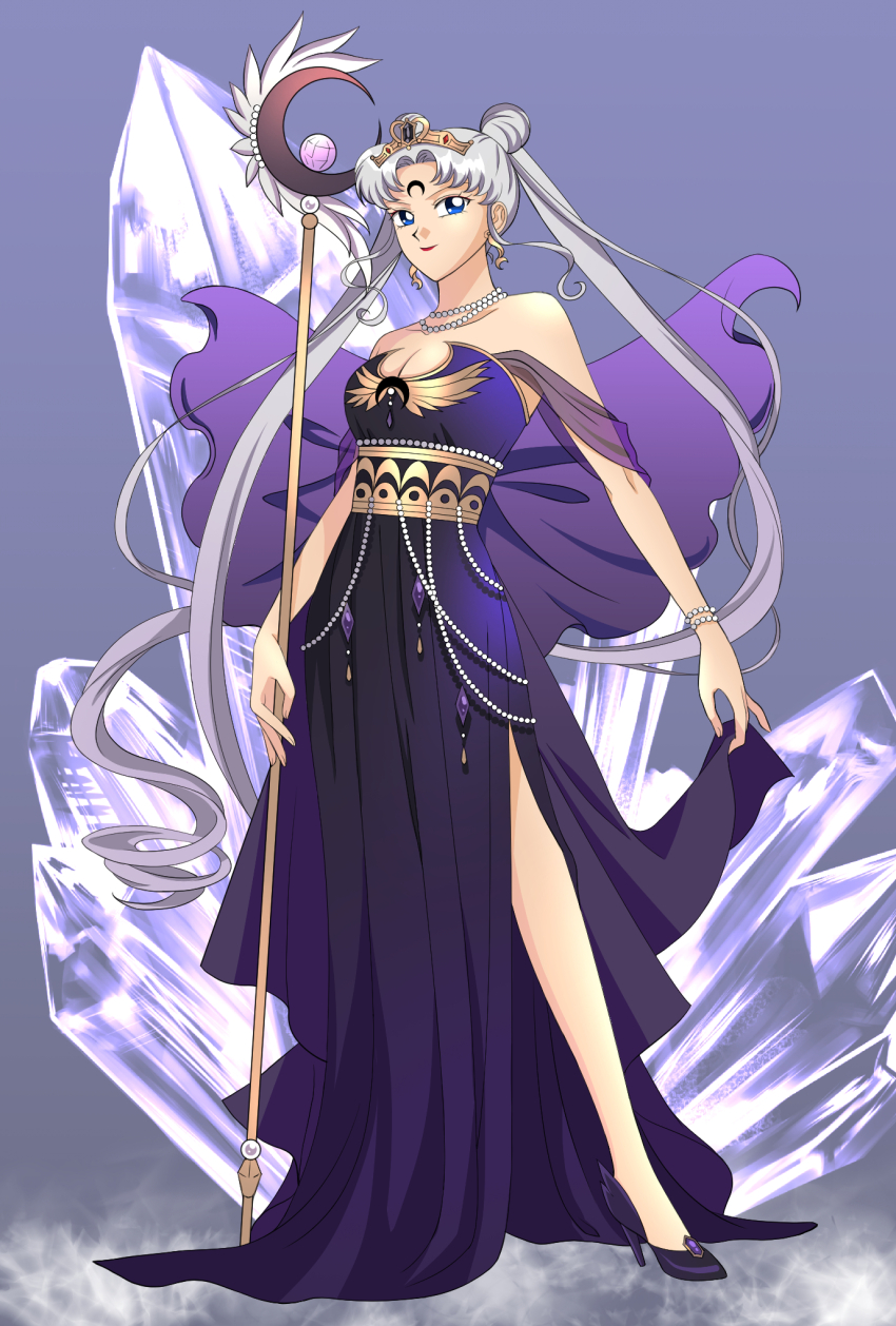1girl alternate_hair_color bishoujo_senshi_sailor_moon black_dress black_footwear black_moon_clan blonde_hair blue_eyes bracelet commentary corruption crown crystal dark_persona double_bun dress english_commentary gem gold_crown hair_bun high_heels highres jewelry koya long_hair mind_control necklace parted_bangs pearl_bracelet pearl_necklace scepter side_slit solo tsukino_usagi twintails very_long_hair white_hair