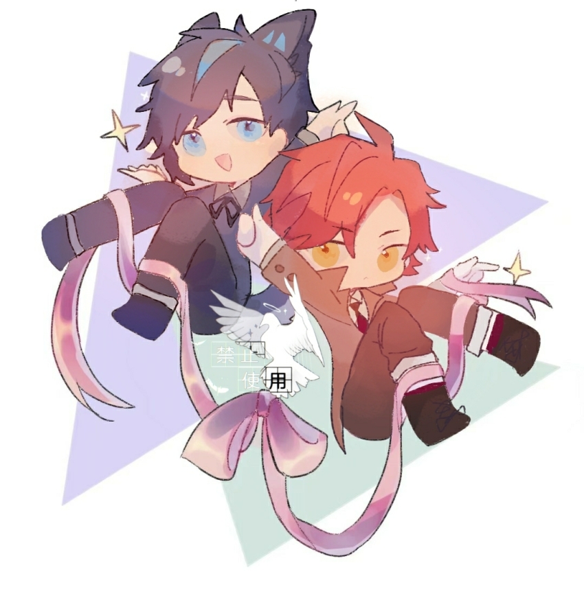 2boys :&lt; animal_ears arm_up beiquqian black_boots black_hair black_pants black_ribbon black_shirt black_shoes blue_eyes blue_hair boots brown_coat brown_pants character_request chinese_commentary closed_mouth coat collared_shirt commentary_request copyright_request deformed frown gloves male_focus multiple_boys neck_ribbon necktie open_mouth pants pink_ribbon red_hair red_necktie ribbon shirt shoes smile watermark white_gloves white_shirt yellow_eyes