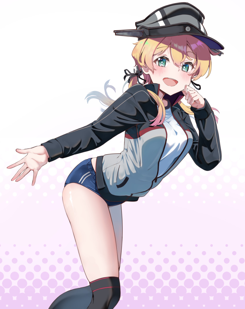 1girl absurdres alternate_costume anchor_hair_ornament black_thighhighs blonde_hair blue_buruma breasts buruma from_side green_eyes hair_ornament hair_ribbon hat highres jacket kantai_collection large_breasts liking long_hair long_sleeves looking_at_viewer low_twintails open_mouth partially_unzipped peaked_cap prinz_eugen_(kancolle) ribbon shirt solo thighhighs track_jacket twintails white_shirt