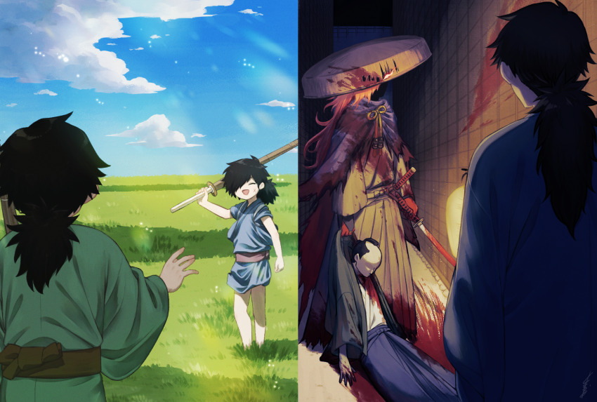 2boys aged_down black_hair blood blood_on_clothes blood_splatter cloak corpse facial_scar fate/grand_order fate_(series) glowing glowing_eyes hair_over_one_eye hakama highres holding holding_sword holding_weapon japanese_clothes katana low_ponytail male_focus multiple_boys murder okada_izou_(fate) ponytail red_hair sakamoto_ryouma_(fate) scar scar_on_cheek scar_on_face shinai sword user_dhue8322 weapon