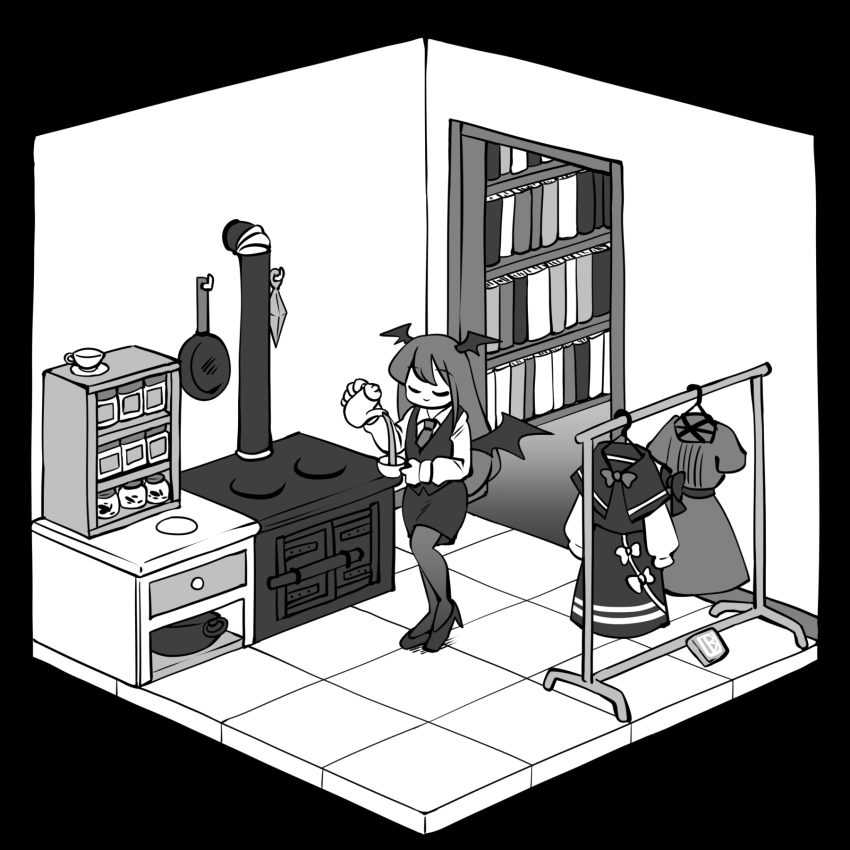 1girl bat_wings book bookshelf closed_eyes closed_mouth clothes_hanger collared_shirt commentary_request cooking_pot cup demon_girl drawer dress frying_pan full_body greyscale head_wings high_heels highres holding holding_cup holding_teapot imijikumo36 indoors isometric koakuma long_hair long_sleeves monochrome necktie oven pantyhose pouring shelf shirt shoes skirt skirt_set smile solo storage_pot stove tea teacup teapot tile_floor tiles touhou unworn_capelet unworn_dress unworn_shirt unworn_skirt vest wings