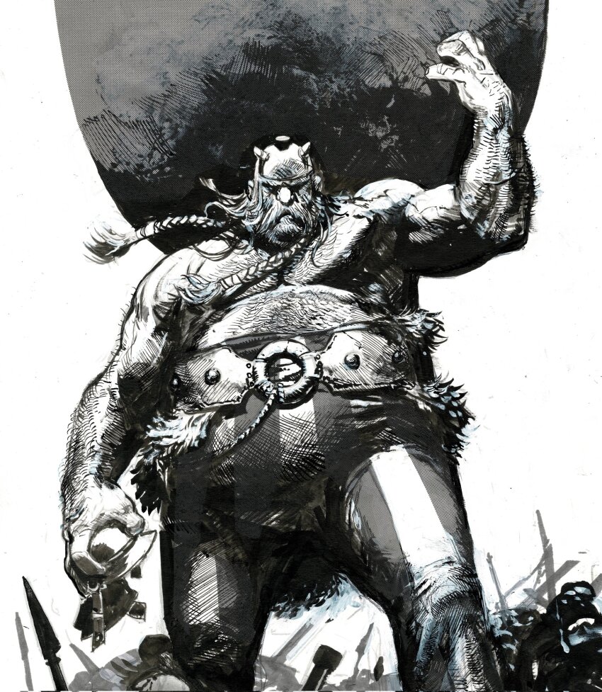 1boy asterix_and_obelix bare_arms bare_shoulders beard belt braid braided_sidelock facial_hair gerardozaffino greyscale helmet highres menhir monochrome muscular o-ring o-ring_belt obelix pants solo striped_clothes striped_pants vertical-striped_clothes vertical-striped_pants