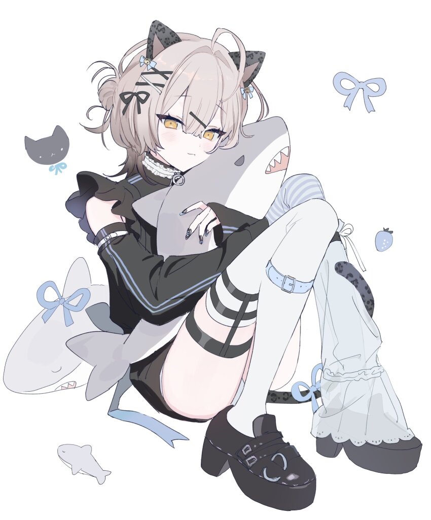 1girl ahoge animal_ears asymmetrical_legwear black_jacket black_nails black_ribbon black_shoes black_sleeves cat_ears cat_girl cat_tail check_copyright closed_mouth copyright_request detached_sleeves full_body grey_hair hair_between_eyes hair_bun hair_intakes hair_ribbon highres holding holding_stuffed_toy jacket leg_warmers mismatched_legwear original panties pantyshot ribbon shikaiq shoes short_hair simple_background single_leg_warmer smile solo stuffed_animal stuffed_shark stuffed_toy tail thigh_strap underwear white_background white_leg_warmers white_panties yellow_eyes