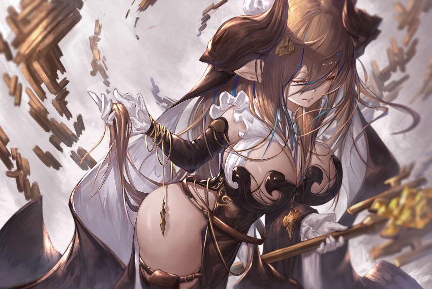 1girl between_breasts black_dress black_sleeves breasts brown_hair cleavage closed_eyes covered_navel detached_sleeves dress earrings galleon_(granblue_fantasy) gloves goat_horns granblue_fantasy hair_between_eyes hair_ornament hand_in_own_hair highres holding holding_staff horns huge_breasts jewelry long_hair revision side_slit solo staff thighlet thighs upper_body very_long_hair white_gloves yu_pian