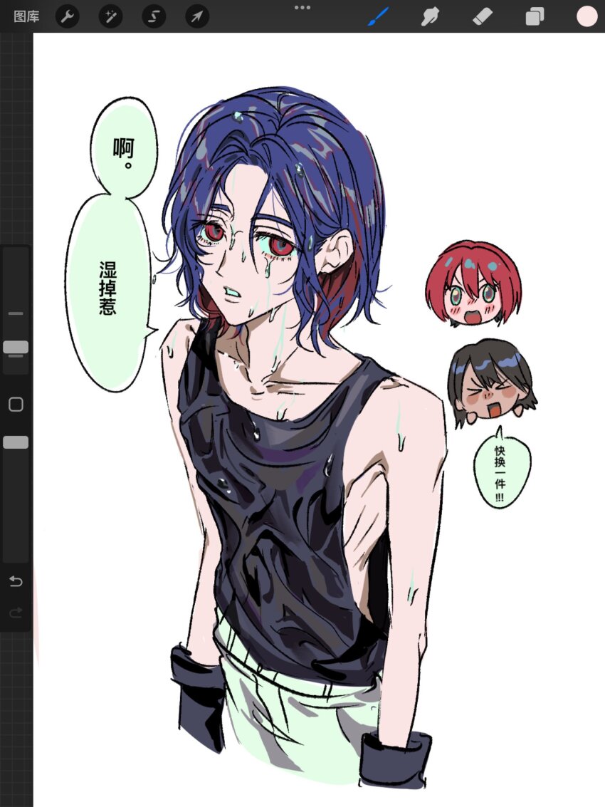 1boy 2girls amate_yuzuriha aqua_eyes art_program_in_frame bashenshao0408 black_hair blue_hair blush chinese_text closed_eyes colored_inner_hair gloves gundam gundam_gquuuuuux highres looking_at_viewer multicolored_hair multiple_girls open_mouth red_eyes red_hair short_hair shuji_ito simple_background sleeveless speech_bubble tank_top translation_request two-tone_hair wet wet_clothes wet_hair white_background