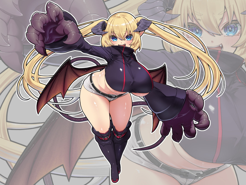 1girl a-maki_tasuke absurdres bent_over black_boots blonde_hair blue_eyes boots breasts claws commentary commentary_request commission crop_top crop_top_overhang cropped_jacket curvy demon_girl demon_horns demon_tail demon_wings english_commentary full_body highres horns huge_breasts knee_boots long_hair micro_shorts midriff mixed-language_commentary open_mouth original outline pointy_ears shorts skeb_commission smile solo tail thick_thighs thighs twintails underboob very_long_hair white_shorts wide_hips wings zoom_layer