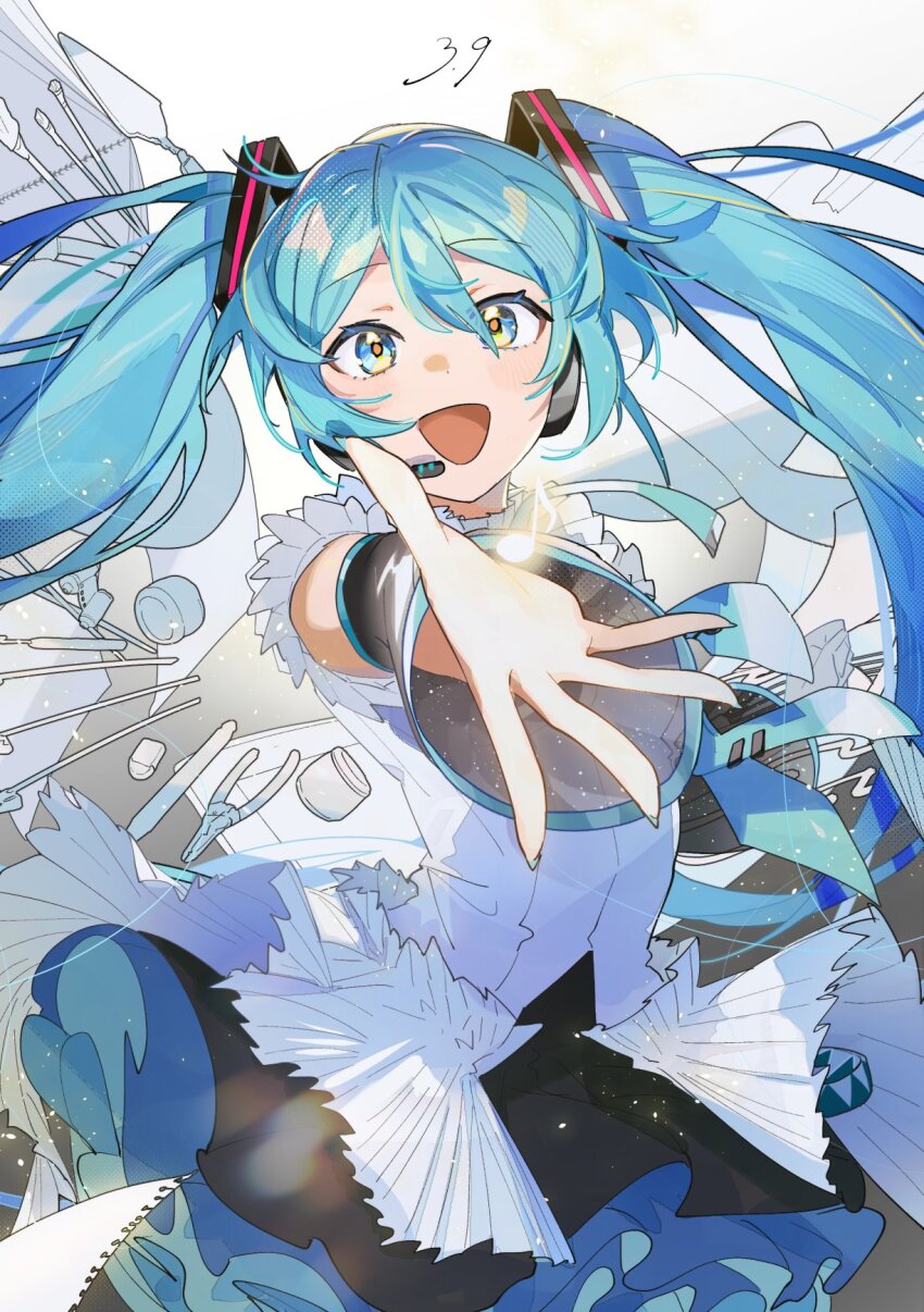 1girl 39 aqua_eyes aqua_hair black_skirt detached_sleeves eighth_note eraser hassan_(sink916) hatsune_miku headset highres light_blush long_hair looking_at_viewer microphone miku_day musical_note open_mouth paintbrush palette_knife paper petticoat pliers reaching reaching_towards_viewer shirt skirt sleeveless sleeveless_shirt smile solo twintails upper_body vocaloid white_shirt