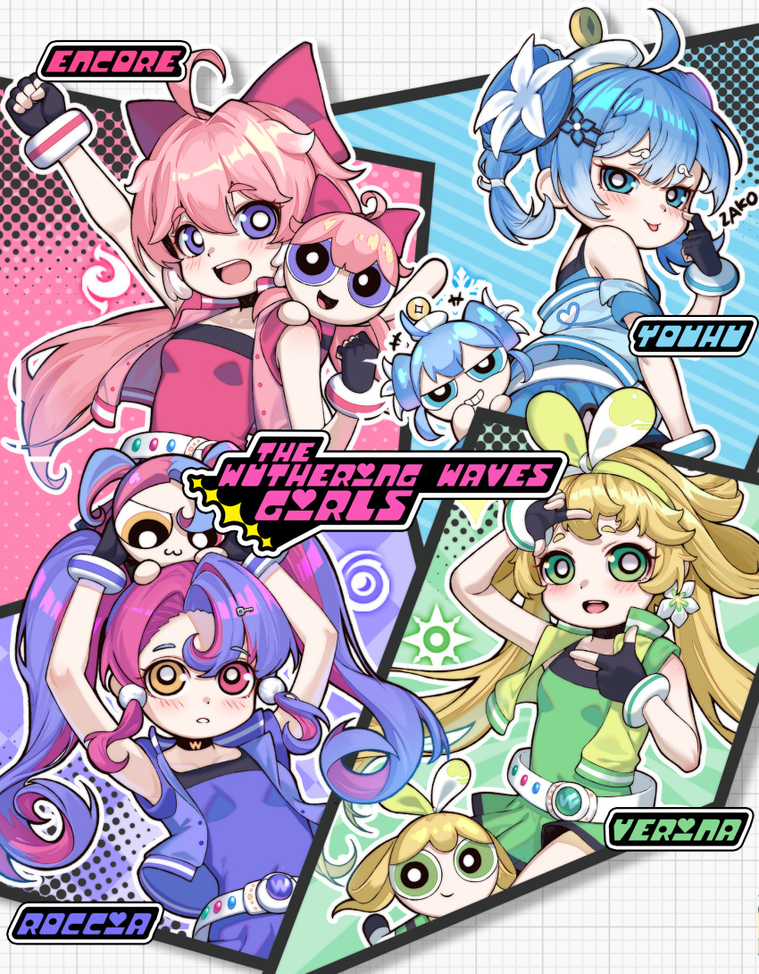 6+girls absurdres ahoge armpits bare_shoulders belt black_choker black_gloves blonde_hair blue_dress blue_eyes blue_hair blue_jacket bow bow_hairband breasts carrying_overhead character_name checkered_background chibi choker commentary_request cosplay dress eien_no_24-sai_no_shakai_hito encore_(wuthering_waves) finger_to_eye fingerless_gloves flower gloves green_dress green_eyes green_hairband green_jacket hair_bow hair_flower hair_ornament hairband hand_up heterochromia highres jacket long_hair looking_at_viewer multicolored_hair multiple_girls open_mouth pink_dress pink_eyes pink_hair pink_jacket powerpuff_girls_z purple_dress purple_eyes purple_jacket roccia_(wuthering_waves) sleeveless sleeveless_dress sleeveless_jacket small_breasts smile teeth tongue tongue_out twintails upper_teeth_only verina_(wuthering_waves) wuthering_waves yellow_eyes youhu_(wuthering_waves)