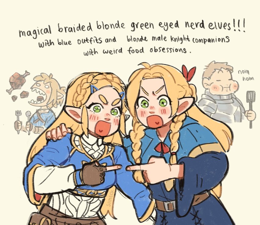 2boys 2girls :i =_= artist_name belt blonde_hair blue_cape blue_robe blush_stickers boned_meat braid cape commentary cropped_torso crossover crown_braid dungeon_meshi eating english_commentary english_text food food_in_mouth fork green_eyes hair_ornament hairclip highres holding holding_fork holding_spatula holding_spoon laios_touden link long_hair looking_at_viewer marcille_donato meat multiple_boys multiple_girls nintendo pointing pointing_at_another pointy_ears princess_zelda rectangular_mouth robe sharp_teeth shmeck spatula spoon teeth the_legend_of_zelda the_legend_of_zelda:_breath_of_the_wild trait_connection upper_body v-shaped_eyebrows wide_sleeves yellow_background