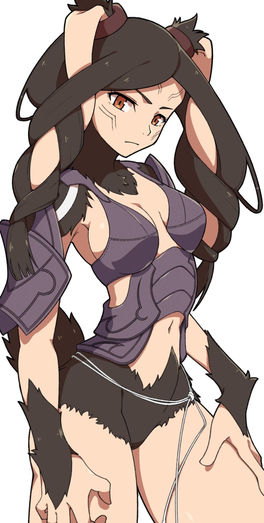 1girl armor bikini_armor black_fur body_fur braid breasts breasts_apart brown_eyes fire_emblem fire_emblem_awakening floppy_ears frown hand_on_own_thigh head_tilt highres long_hair looking_at_viewer medium_breasts navel nintendo panne_(fire_emblem) rabbit_tail sasaki_sue solo taguel tail twin_braids very_long_hair white_background