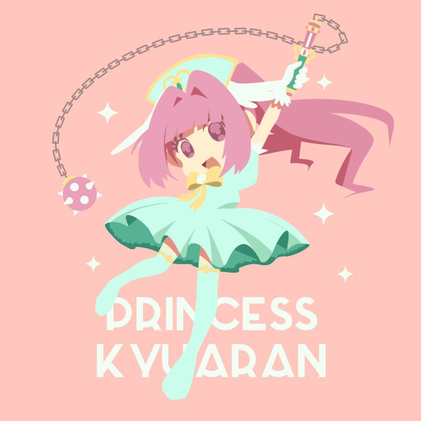 1girl ball_and_chain_(weapon) bow character_name chibi chibi_only dame_x_prince dress eyelashes flat_color full_body green_dress green_thighhighs highres holding holding_weapon kyuaran long_hair open_mouth pink_hair solo sparkle thighhighs twintails weapon yellow_bow zanbi_(ankokusen4)